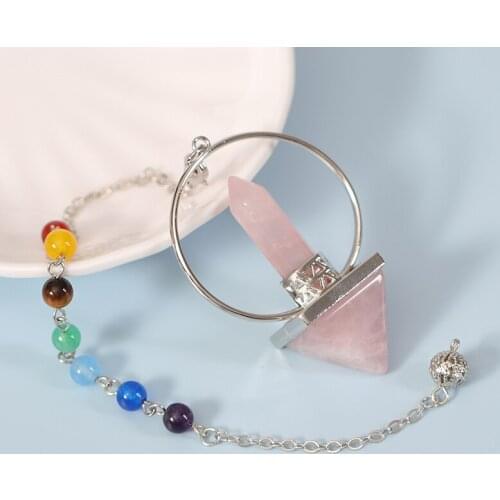 Natural Reiki Healing 7 Chakra Pendulum, Amulet Hexagonal Prism Pyramid Pendulum, Meditation Rose Quartz Pendulum