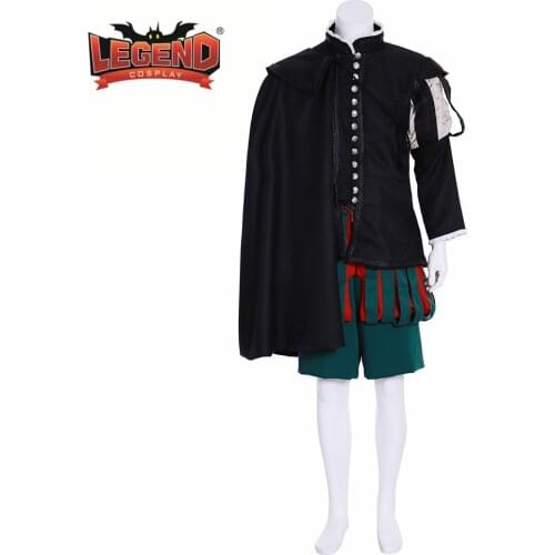Queen Elizabeth Tudor Period Medieval Renaissance Mens outfit cosplay costume outfit Mens Costumes black Gown with cape