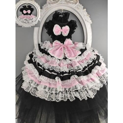 Handmade Dog Clothes Luxury Pink Black Dot Lace Skirt Pet Tailing Dress Court Evening Dancing Party Gown Photography Apparel