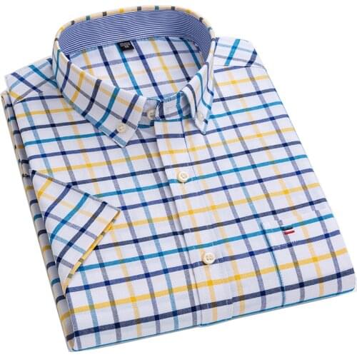 AOLIWEN brand men Oxford spinning 100% cotton big size6XL 7XL casual shirts for men summer Fashion plaid slim short sleeve shirt