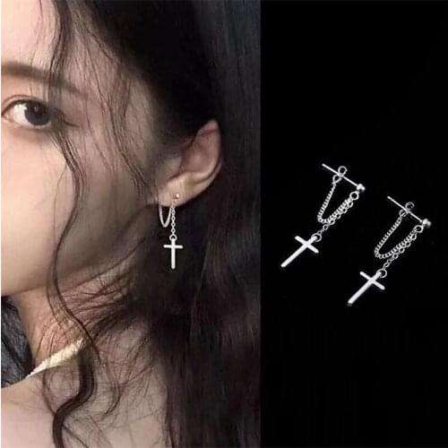 1 Pair South Korea Harajuku Cool E-girl Cross Chain Pendant Earrings For Women Men Bff Street Hip Hop Drop Earrings Jewelry Gift