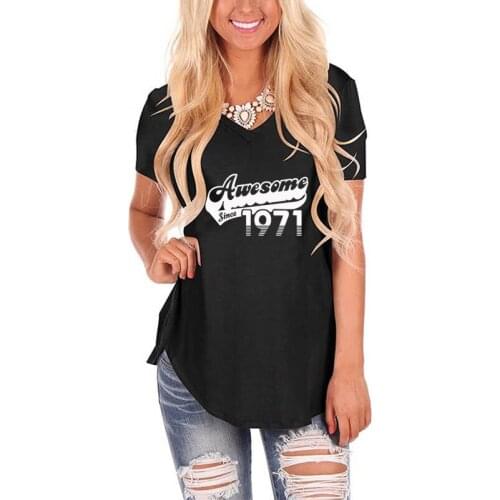 Awesome Since 1971 50 Years Print Loose Tshirt Female Harajuku V Neck Vintage T-Shirt Women 50th Birthday Gift Casual Tops