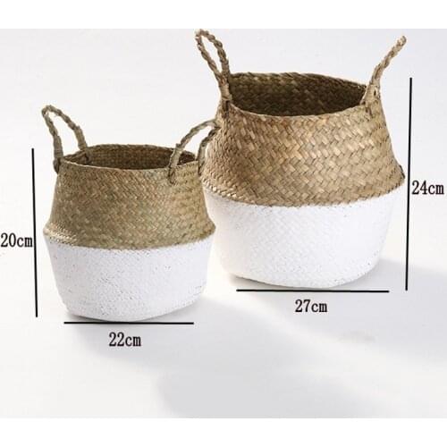 Foldable Bamboo Storage Baskets Laundry Straw Patchwork Wicker Rattan Seagrass Belly Flower Pot Planter Handmade Basket