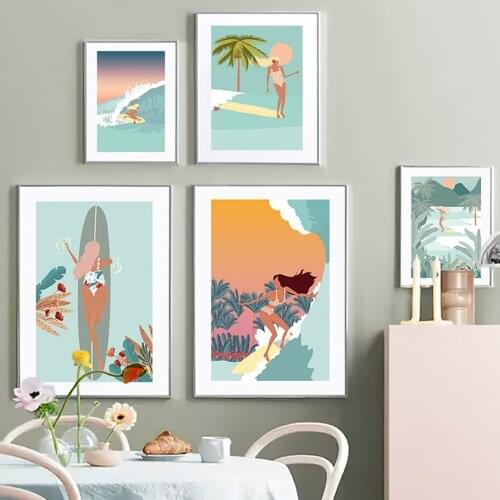 Hawaii Girl Surf Coconut Tree Tropical Wall Art Canvas Painting Nordic Posters And Prints Wall Pictures For Living Room Decor