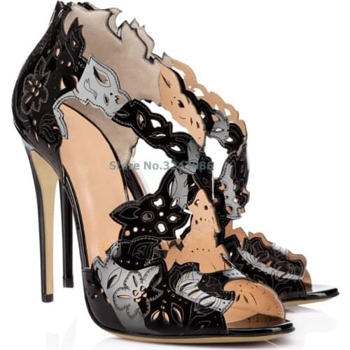 Hollow Out Flower Patent Leather Peep Toe Wedding Shoes Black White Elegant Thin High Heel Banquet Shoes Cross Tied Zip Pump