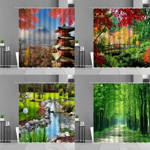 Forest Landscape Shower Curtain Japan Fuji Mountain Green Plant Tree Waterfall Spring Scenery Bathroom Curtains Waterproof Cloth