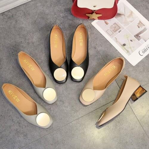 Plus Size 34-42 Women Dress Shoes Square Toe Medium Heels Pumps Gold Heels Shoes Woman Round Metal Boat shoes low Heels 7350G