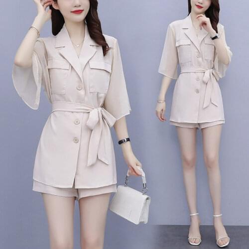 Large Size Summer Set 2021 Fashion Womens Temperament Suit Shorts Two Piece Chic Short Sleeve Sashes Blazer Casual Outfit zh905
