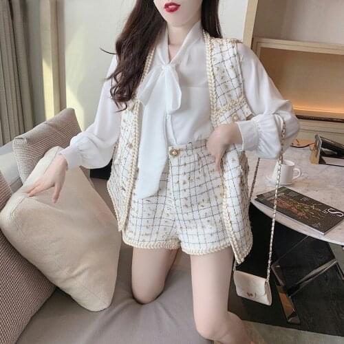 Autumn Womens Suit Chiffon Lace-up Bow Chiffon Shirt + Tweed vest jacket + Mini Shorts Sets Office Lady 3 Piece Outfits