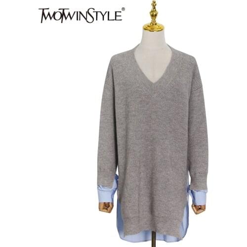 TWOTWINSTYLE Casual Gray Patchwork Colorblock Womens Sweater V Neck Long Sleeve Korean Fashion Straight Top Female 2021 Clothing