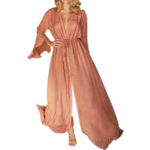 Flared Sleeves Dress for Women Button Long Dresses Casual Street Style Belt White Black Solid Vintage Beach Cover Up Long Maxi