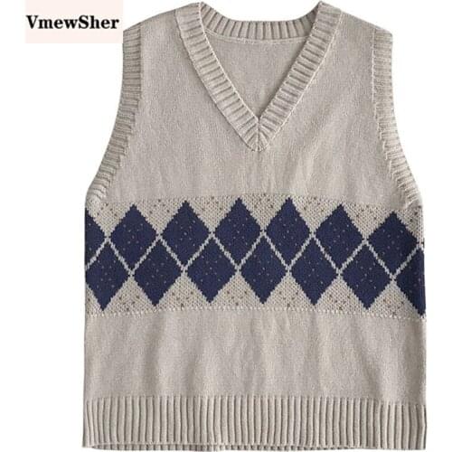 VmewSher Argyle British Style Sweater Vest Women Vintage V-Neck Pullover Sleeveless Preppy Loose Vest 2020 Spring Autumn Tops