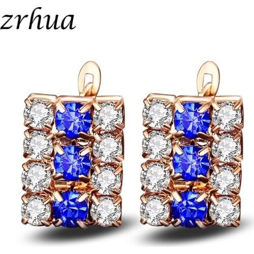 ZRHUA Shiny Full White/Blue Crystal Hoop Earring For Women Top Quality Big Square Earrings Fashion Jewelry Girls Christmas Gifts