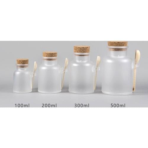 100/200/300/500ml Scrub Bath Salt Abs Bottle Wooden Spoon Soft Cork Storage Stopper Bottle Frosted Seal Container Refillable Jar