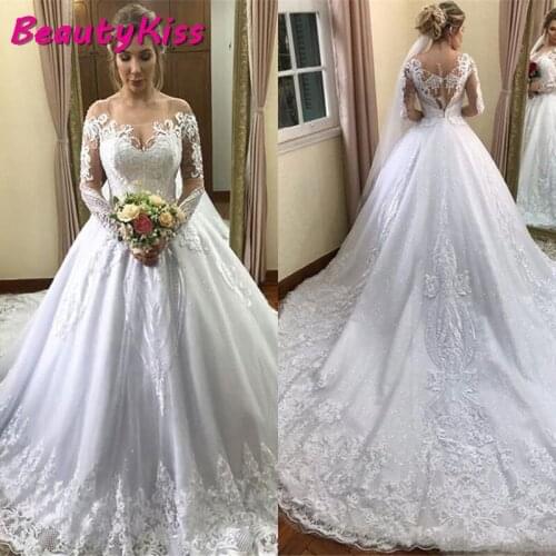 2020 Modest Long Sleeve Ball Gown Wedding Dresses Plus Size Arabic Lace Applique Bridal Gowns With Court Train