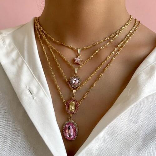 2021 Trendy Star Twisted Chain Choker Necklace Shiny Pink Heart Geometric Rhinestone Pendant Necklace For Women New Jewelry Gift