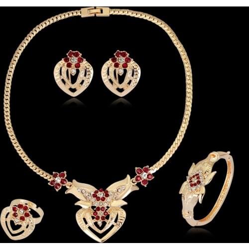 Gold-color Red Flower Love Heart Hollow Pendants Necklace Earrings Ring Bracelet Fashion Jewelry Set Party Accessories