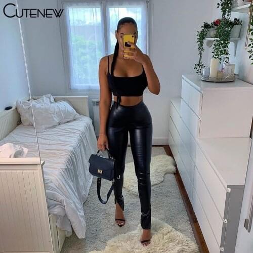 Cutenew 2021 Autumn Faux PU Leather Women Pencil Pants Elegance Skinny Side Split High Waist Hot Street Fashion Solid Trousers
