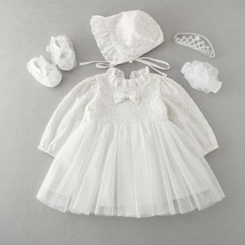 Baby Girls Dresses with Hat W/O Accessories Children Long Sleeves Lace Tulle Wedding Party Christening Gown Formal Girls Clothes
