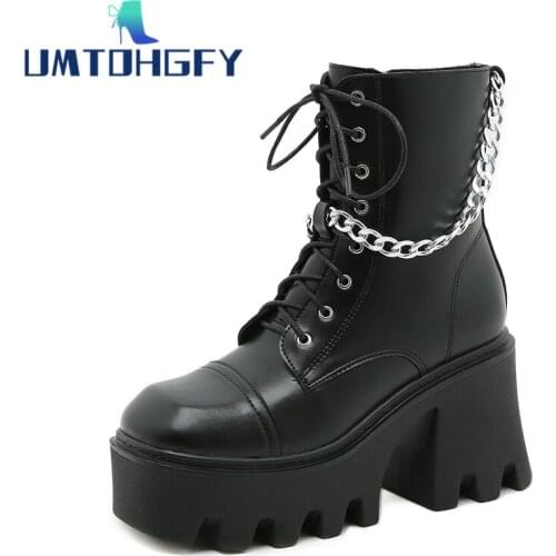 European American 9.5cm Zip Leather Chain Thick-Soled British Cool Grils Black Martin Boots Female Punk Short Boots Motorcycle