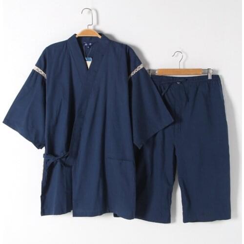 Japanese Traditional Kimono for Man 2 PCS Set Samurai Solid V-neck Bath Bathrobe Man Yukata Loose Homewear Retro Asian Pajamas