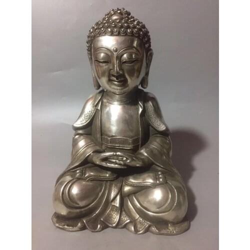 Collection Chinese Tibet Silver Carved Sakyamuni Buddha Statue Copper Statue Safe And Good Luck Buddhism Home Decoration