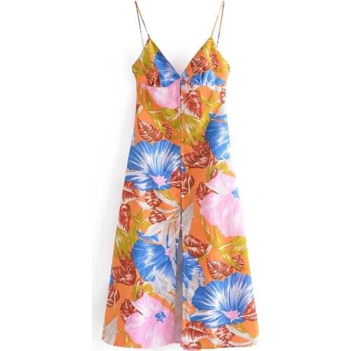 ZA Summer Women Party Tie-string floral Dresses sexy backless Sling Vestidos Low-cut Sundresses Print sleeveless Slit Midi Dress