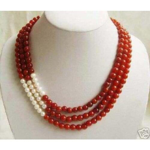 Fashion beautiful 3 Row necklace for women wedding party gift 8mm red stone jades chalcedony white pearl necklace 17-19inch BV24