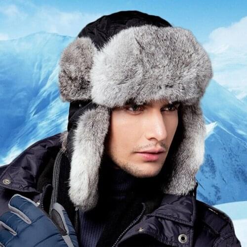 Mens Bomber Hats Real Rabbit Fur Winter Real Fur Trapper Hats Russian Snow Beanies Ear Caps Outdoor Bomber Hats