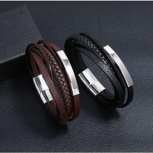 Men Leather Bracelets Customizable Engraving Stainless Steel Casual Personalized Text, Name, Date Birth Handmade Couple Bracelet