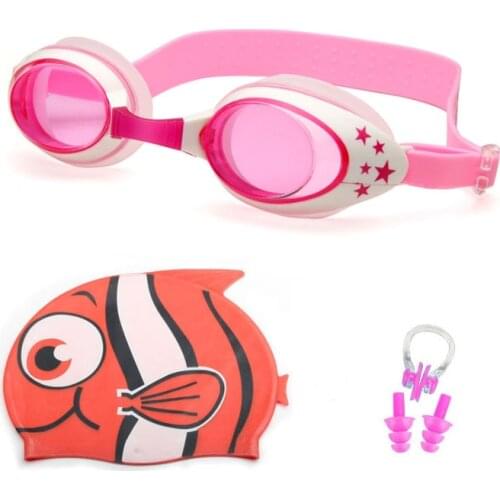 Kids Swim Goggles Children 3-12Y Wide Vision Anti-Fog Anti-UV Swimming Glasses Diving Eyewear with Ear Plugs Swim Cap set