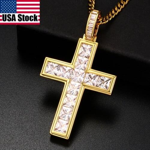 Baguette Jewelry Cross Pendant Necklace For Men Cubic Zirconia Princess Cut Iced Out Woman Pendant Hip Hop Rock Rapper Gift