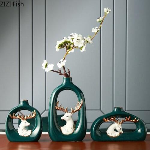 Gilded Ceramic Vase Decorative Deer Hollow Out Flower Arrangement Desk Decoration Crafts Porcelain Vases Home Decor Modern