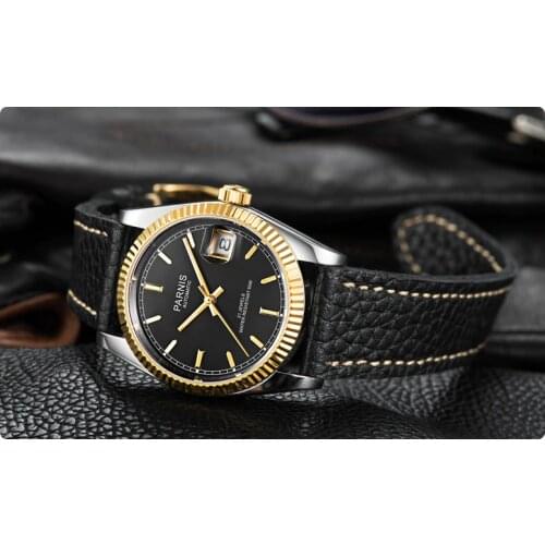 Luxury Automatic Men Watch 36mm Stainless Steel Case Date Window Leather Strap Sapphire Glass MINGZHU Movement