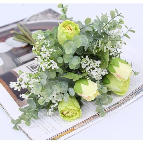 35cm 1pc Rose Silk Artificial Flowers Bouquet Eucalyptus Cheap Fake Flowers for Home Wedding Decoration Indoor