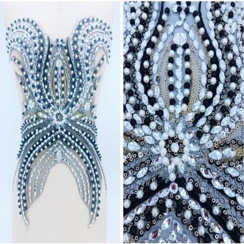 Handmade white/black Hot drilling Rhinestone lace embroidery patch applique wedding dress bordados DIY Performance clothing