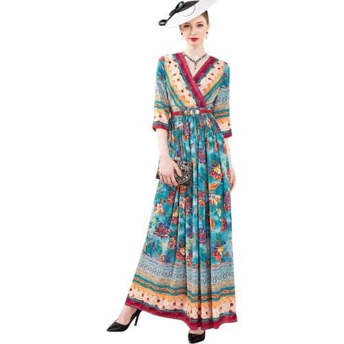 2020 Chiffon New Summer V-Neck Long Dress Bohemian Beach Style Flowers Printed Dress Three Quarter Ankle-Length DZ1218