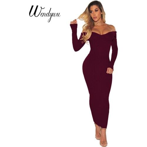 Wendywu Free Shipping 2017 New Winter Slash Neck Long Sleeve Solid Wine Red Off-Shoulder Spring Long Pencil Dress