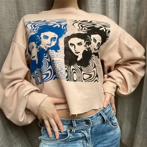 Women Casual Y2K Aesthetic Figure Print Crop Top Long Sleeve Round Neck Loose Pullover T-shirt E Girl Fashion Streetwear