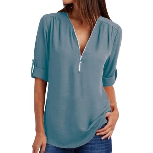 Summer Women Chiffon Blouses Elegant V Neck Roll Up Long Sleeve Zipper Tunic Tops Casual Loose Blue Shirts Female 5XL Plus Size