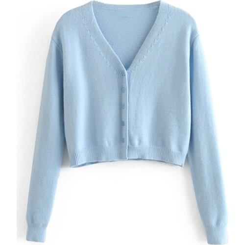Sweet Chic Sky Blue Cardigans Women Solid Short CropTops Women Office Lady Loose Comfortable Sweaters Sexy Vestidos De Mode