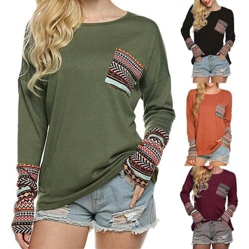 Women Casual O Neck Long Sleeve Stitching Pocket Cuff Pullover Plus Size T-shirt Spring Summer Blouse Women Long Sleeve Shirts