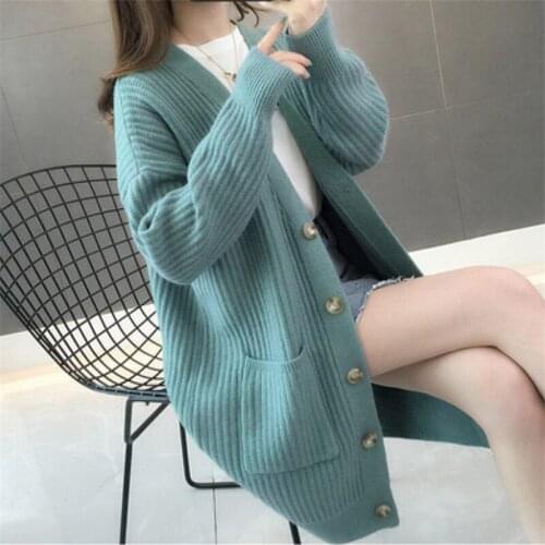 Ladies Knitted V-neck Cardigan Mid-length Casual Loose Single-breasted Coat Jacket Female Thick Outwear Womens Autumn Winter