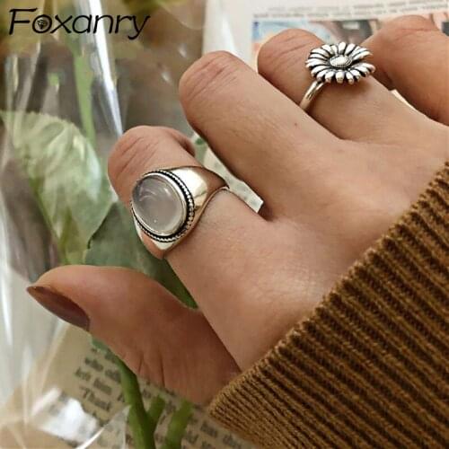 Evimi 925 Sterling Silver Couples Rings for Women Trendy Vintage Handmade White Agate Elegant Wedding Party Jewelry Gifts