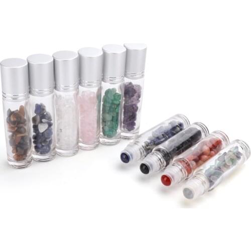 10pcs Essential Oil Gemstone Roller Ball Bottles Natural Semiprecious Stones Transparent Glass 10ml Healing Crystal Chips Inside