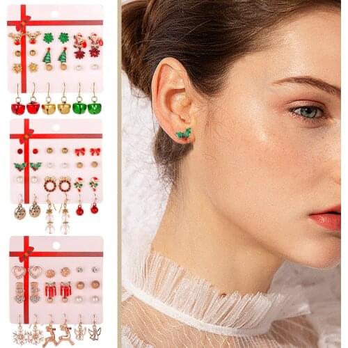 12pcs/set Christmas Earrings Jewelry Accessories Set Cute Santa Claus Snowman Tree Bell Christmas Gifts For Women Girls Kids