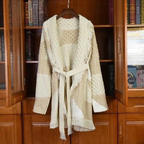 2020FW Autumn High Qualtiy Women Patchwork Tassel Wool Knitted Cardigans Coat Female Fashion Sweater