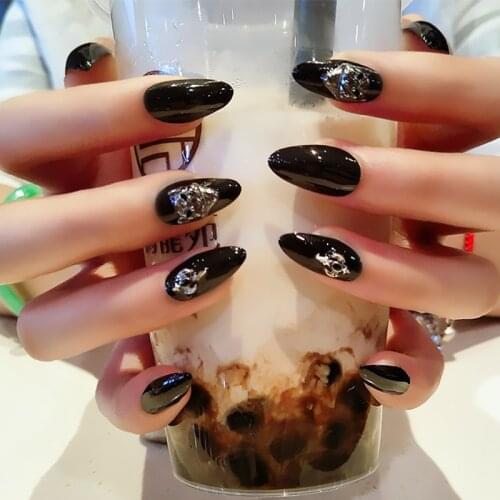 24Pcs/Set Black 3D Leopard Head Print Fake Nails Summer Waterproof Pointed False Nails Women Fashion Nails Art Tips With Glue