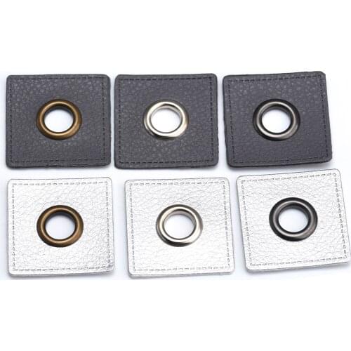 30pcs/lot 37mm square GREY/SILVER PU leather sew on Badges patch labels + inner 10mm metal brass eyelets grommets free ship