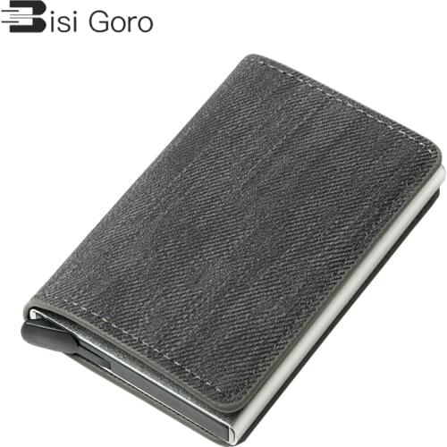 BISI GORO RFID Blocking Card Holder Anti-theft Clutch Single Box Men Women Wallet 2021 Denim Business Pop-up Metal ID Case Gift